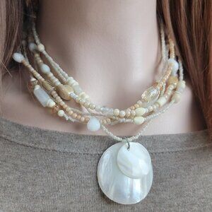 Multi Strand Cream White Glass Beaded Shell Disc Pendant Necklace Adjustable